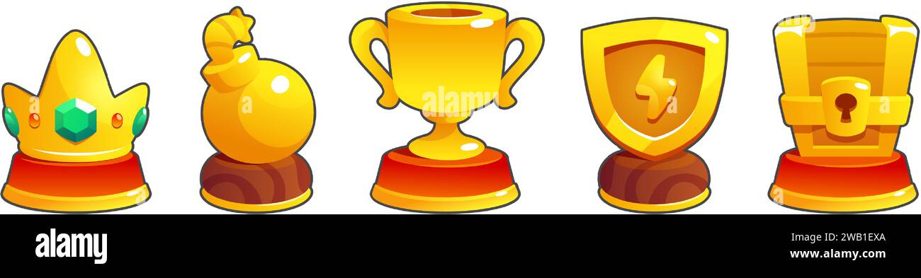 Golden goblet trophy of various forms for game ui design. Cartoon vector set of different gold winner award and prize - winner cup, crown with gems and chest, shield with lightning and bomb. Stock Vector