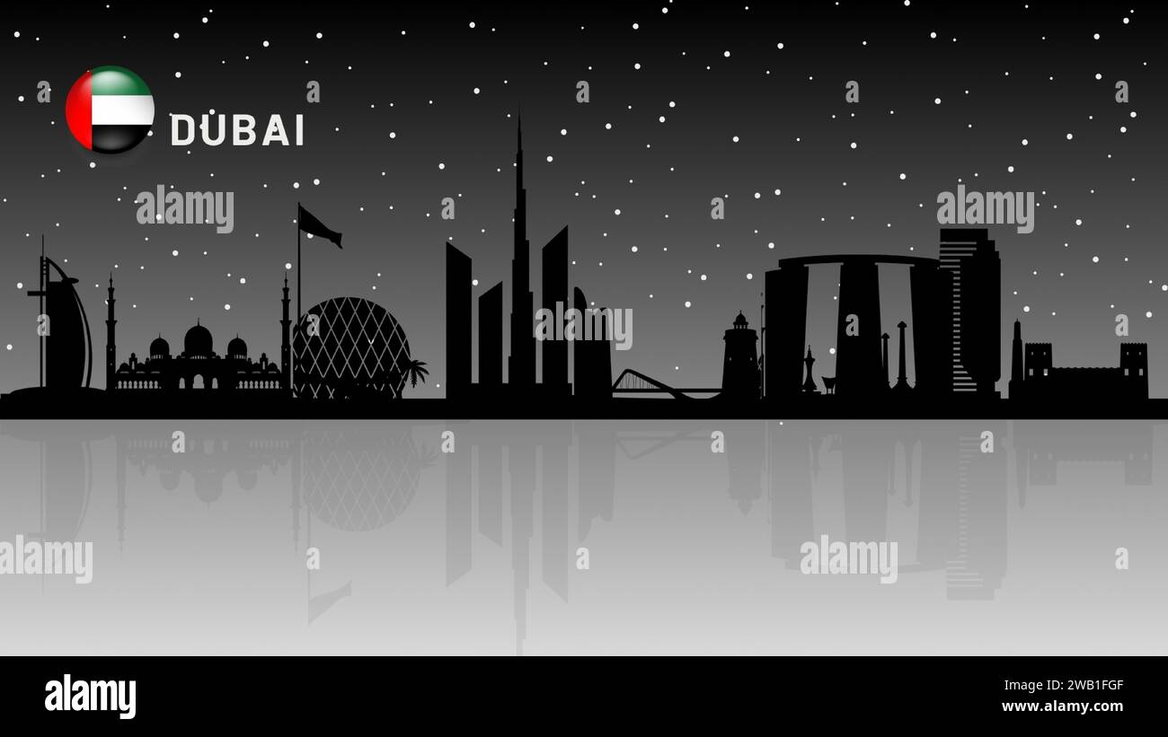 New Dubai skyline, UAE Urban cityscape, United Arab Emirates skyscraper buildings vector silhouette beautiful snow falling night view background . Stock Vector
