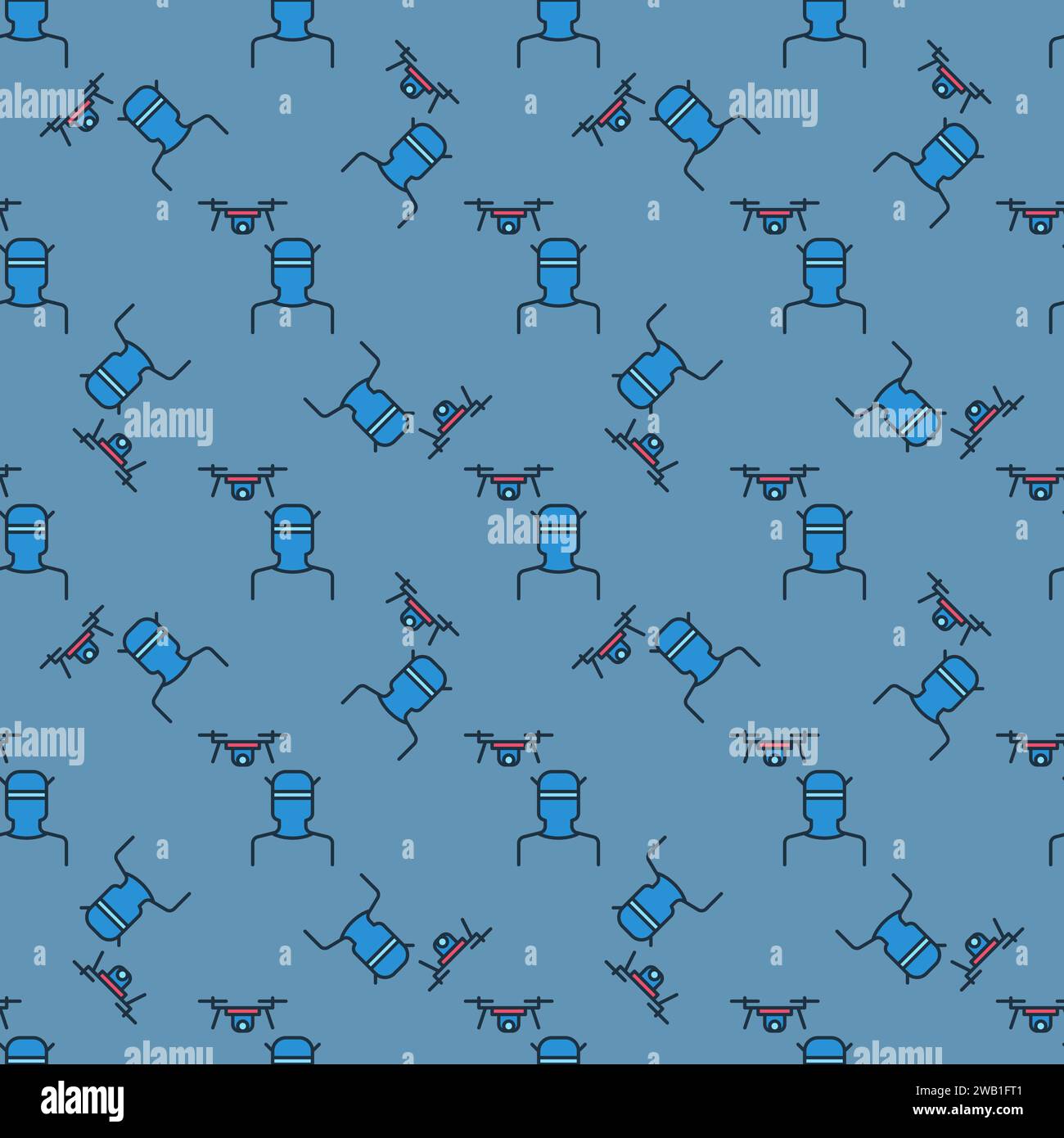 FPV Quadcopter and Man vector Drone concept colored seamless pattern Stock Vector