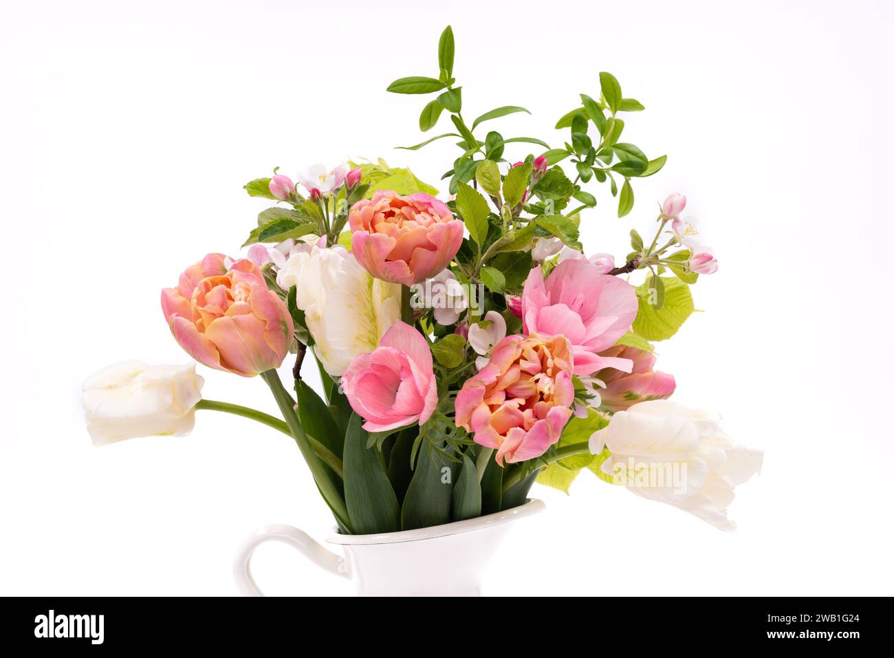 Elegant mixed pastel colored spring bouquet on white background. Spring tulips. Tulips bouquet. Stock Photo
