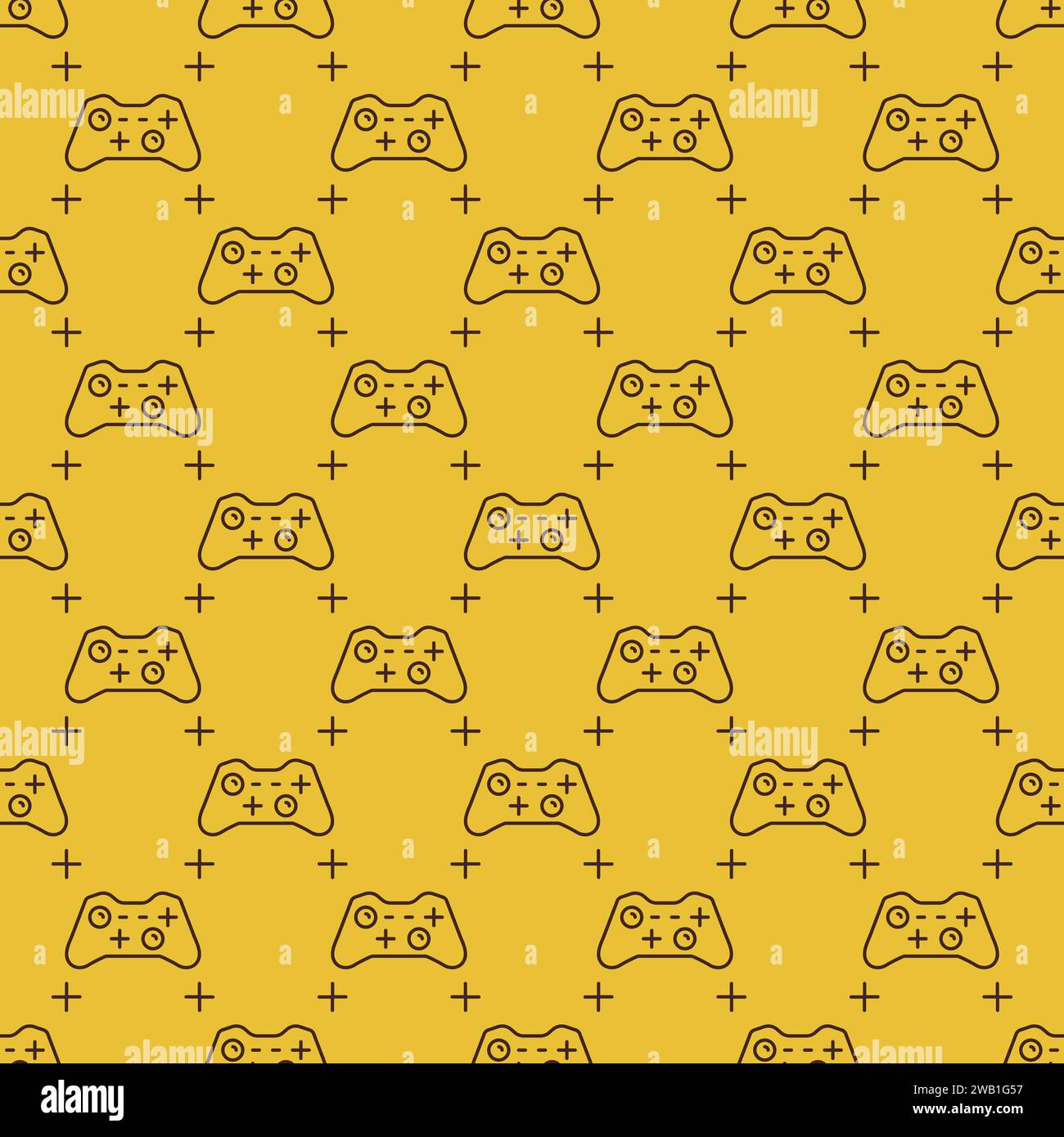 Gamepad or Controller vector concept yellow seamless pattern in thin line style Stock Vector
