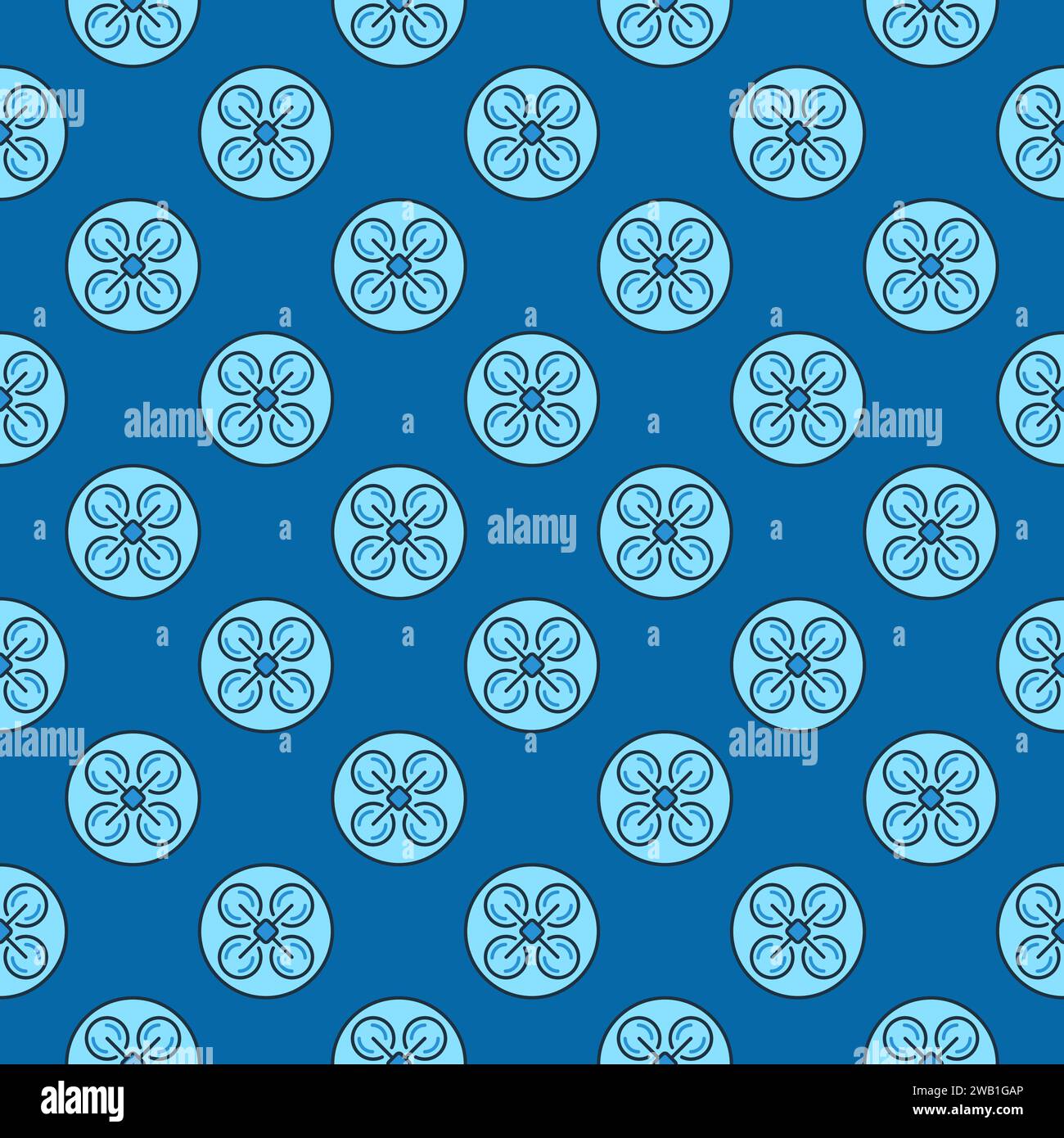 Drone vector Multirotor concept colored round seamless pattern. Quadcopter blue background Stock Vector