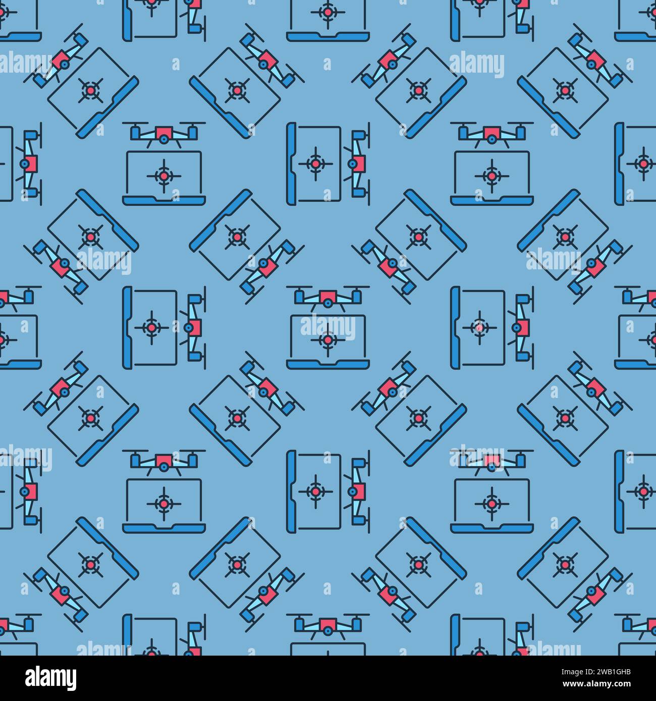 Laptop and Quadcopter vector Drone concept colored seamless pattern Stock Vector