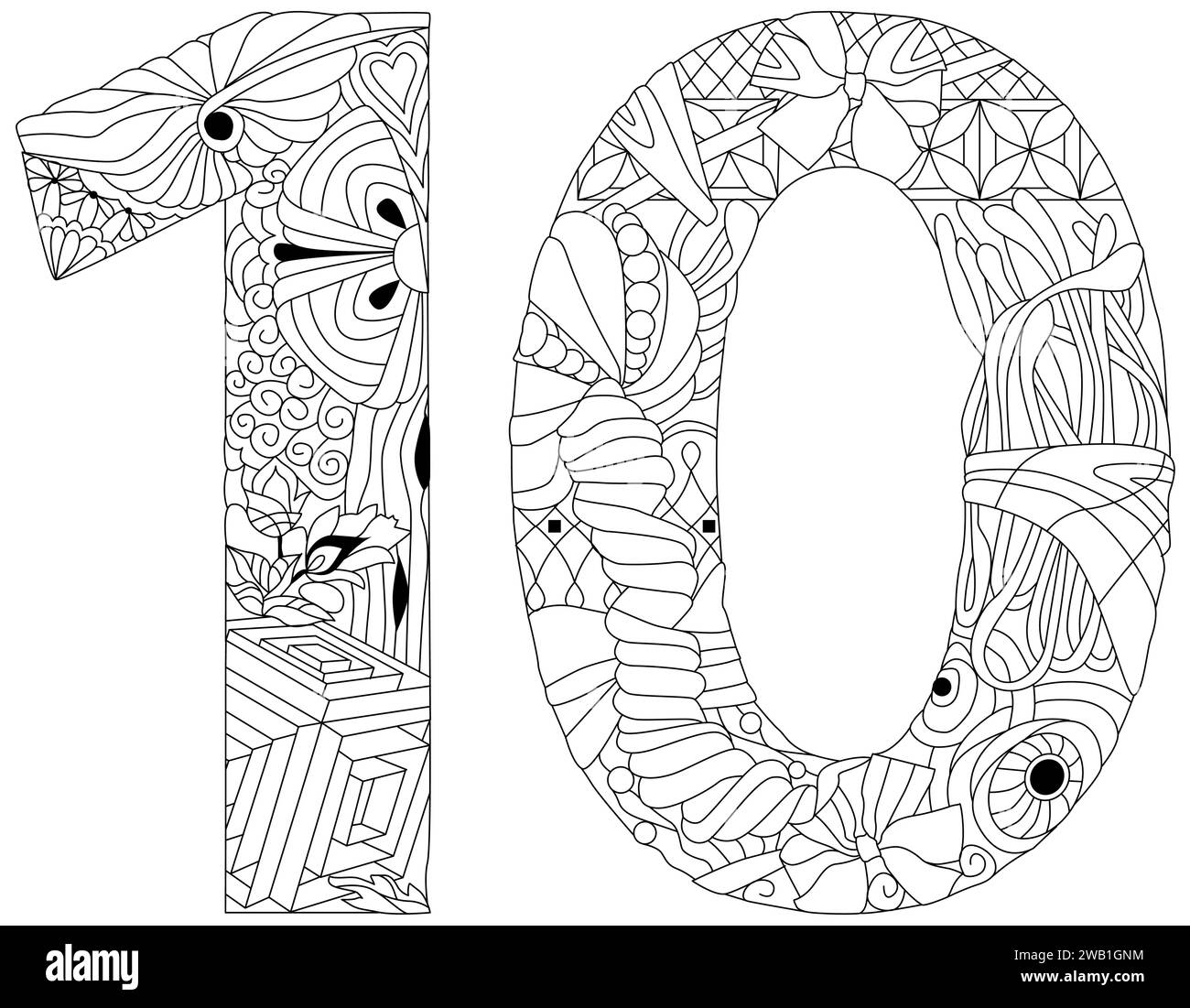 Ten number Isolated zentangle illustration for coloring Stock Vector