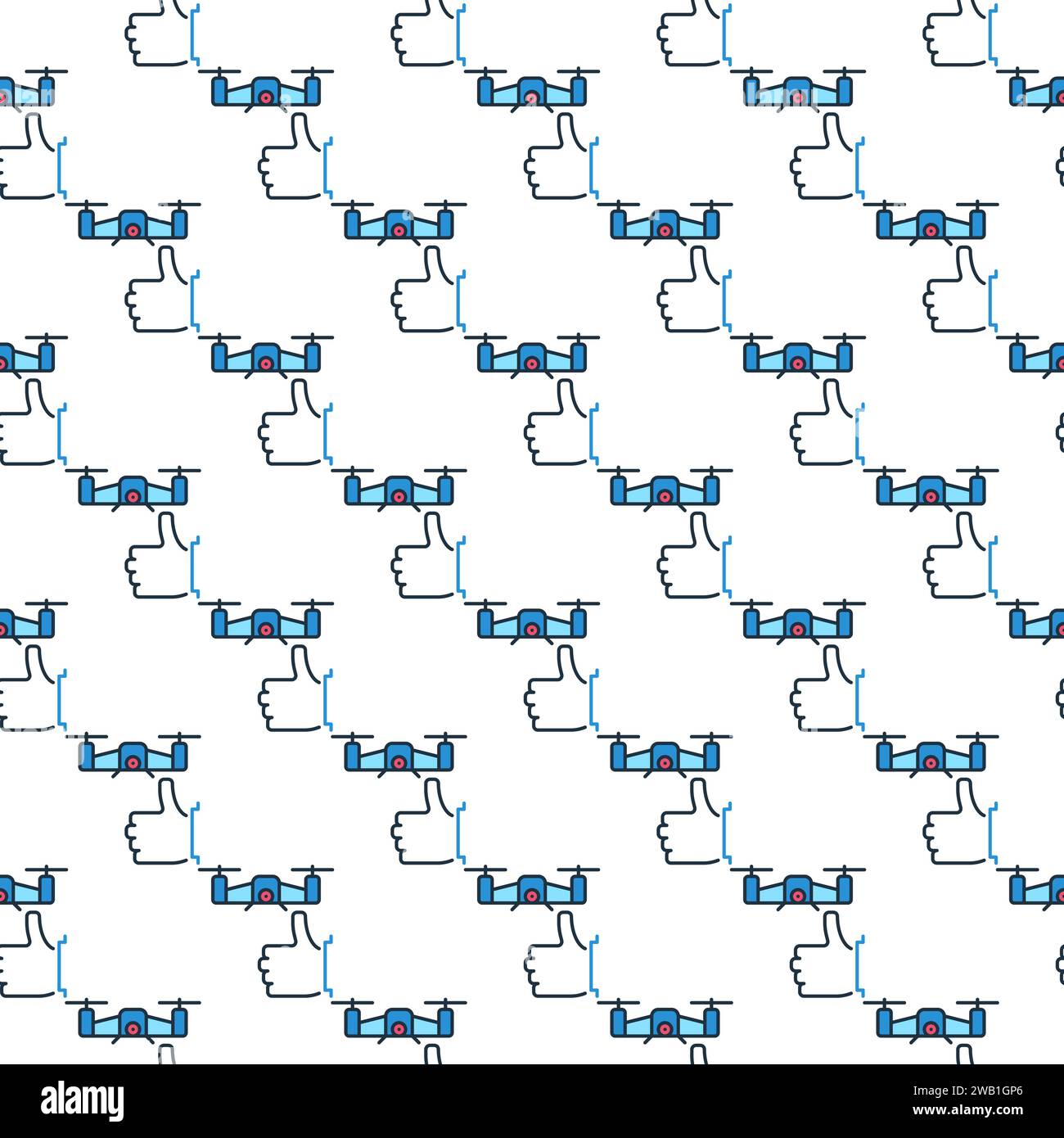 Thumbs Up and Quadcopter vector I Love Drones concept colored seamless pattern Stock Vector
