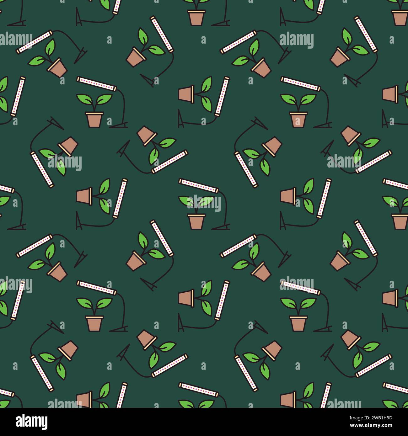 Phytolamp with Plant vector Grow Light concept colored seamless pattern Stock Vector