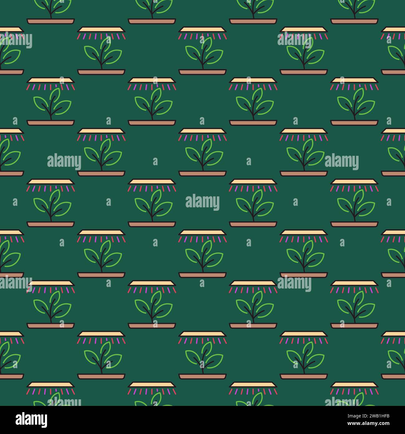 Phytolamp with Seedling vector Grow Light concept colored seamless pattern Stock Vector