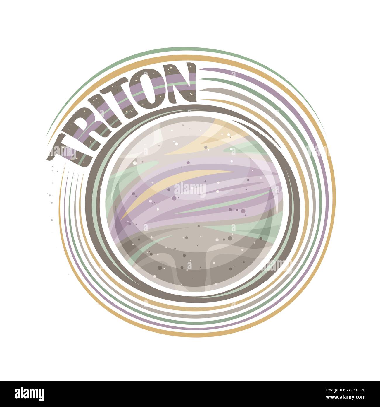 Vector logo for Triton Moon, cosmic print with rotating satellite triton, stone surface with craters and volcanoes, cosmo sticker with unique brush le Stock Vector