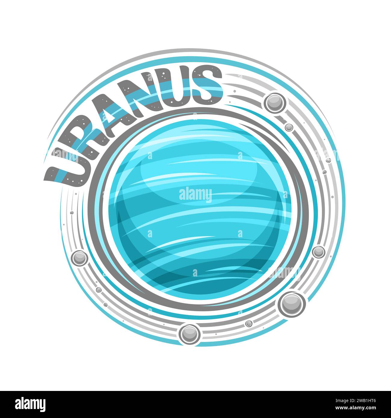 Vector logo for Uranus, decorative cosmic print with rotating planet uranus and many moons, gas windy surface, blue cosmo sticker with unique brush le Stock Vector