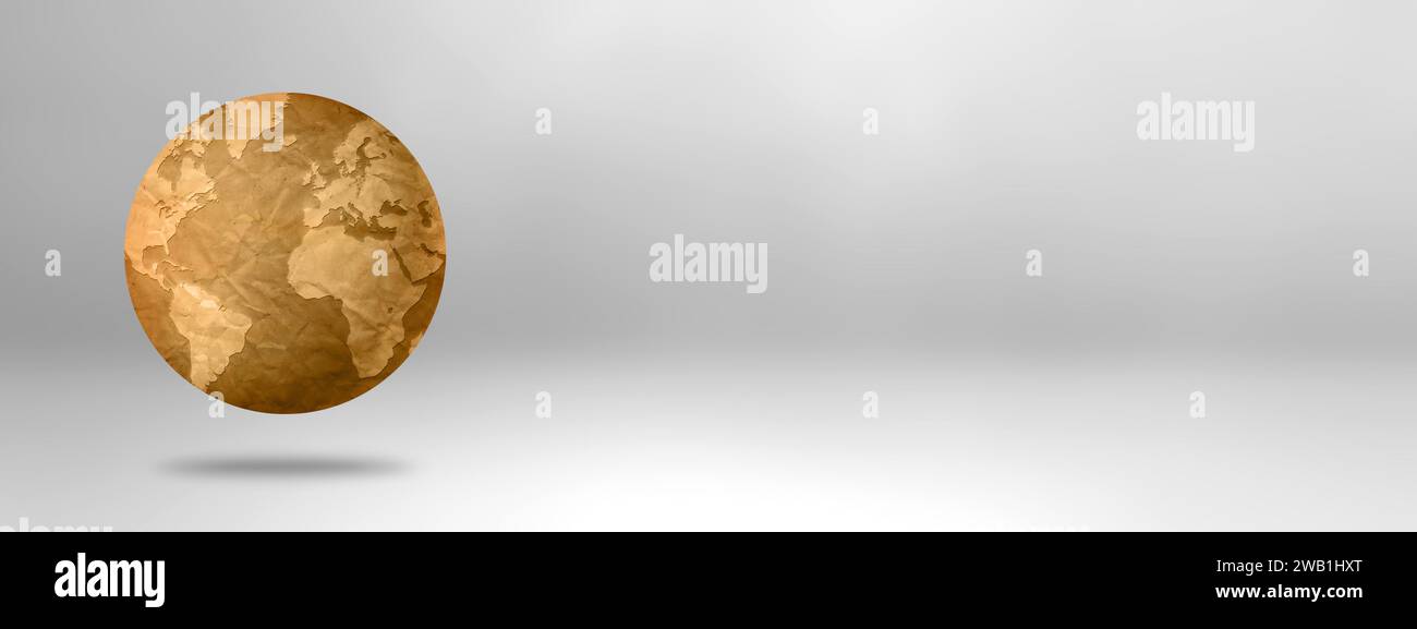 Crumpled old paper world globe isolated on white background. 3D ...