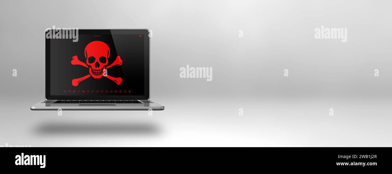 Laptop with a pirate symbol on screen. Hacking and virus concept. 3D illustration isolated on white background. Horizontal banner Stock Photo