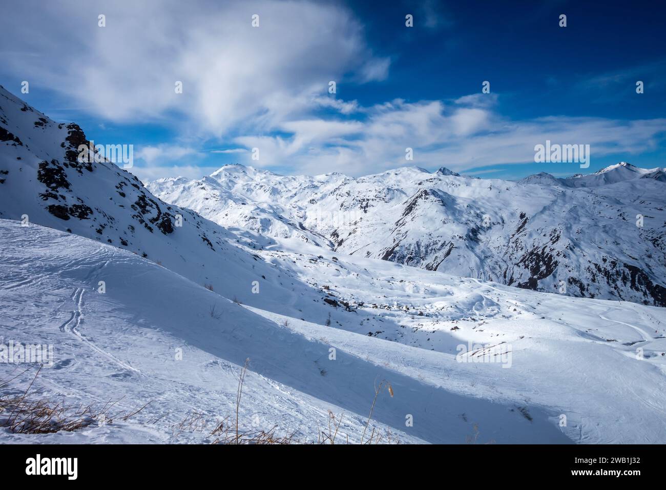 Ski slopes and mountains of Les Menuires resort in the french alps, France Stock Photo