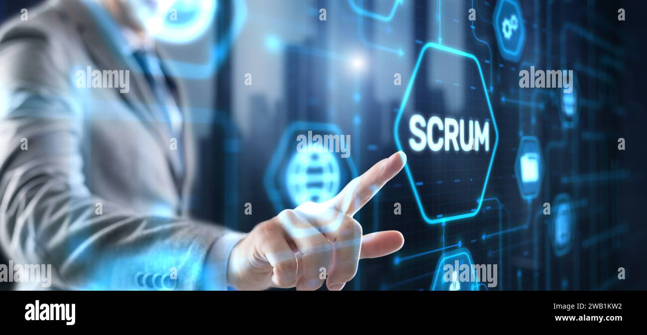 Businessman presses a button Scrum process software development outline concept Stock Photo