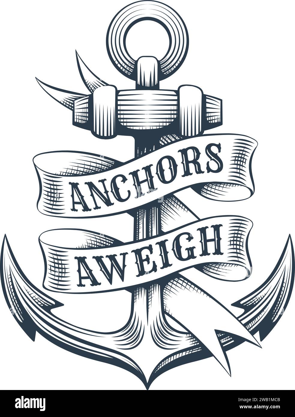 Engraving anchor with banner. Monochrome ship armature entwined with