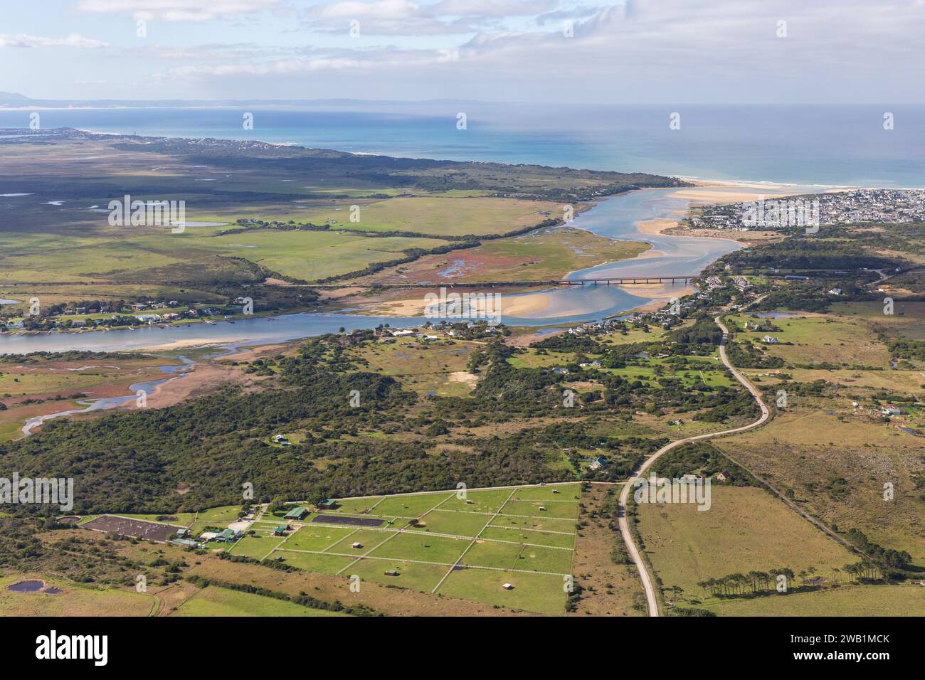 Aerial photograph of The Krom river flowing into the Indian Ocean, St Francis Bay South Africa. Stock Photo