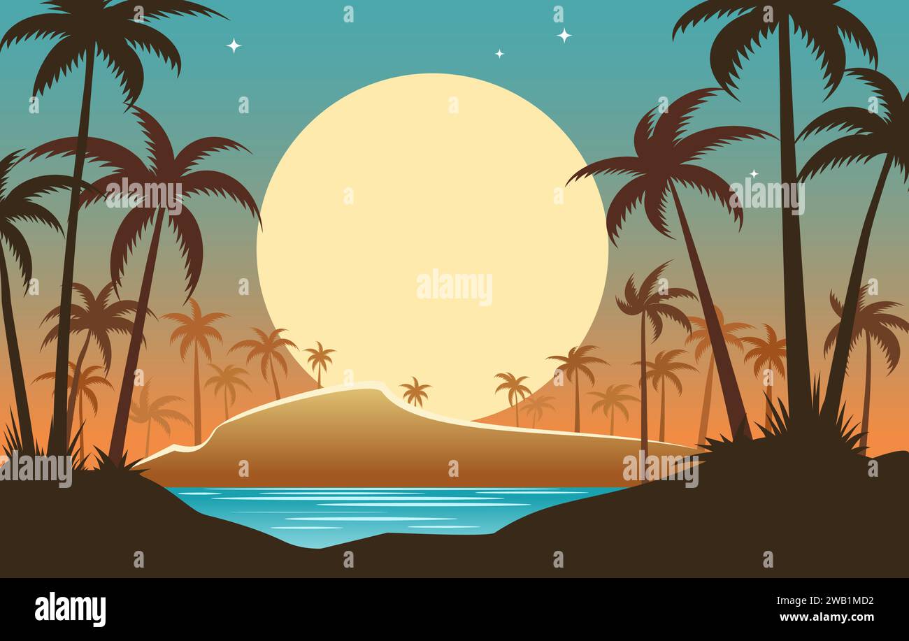 Palm trees island landscape. Tropical night sea coast line with palms ...