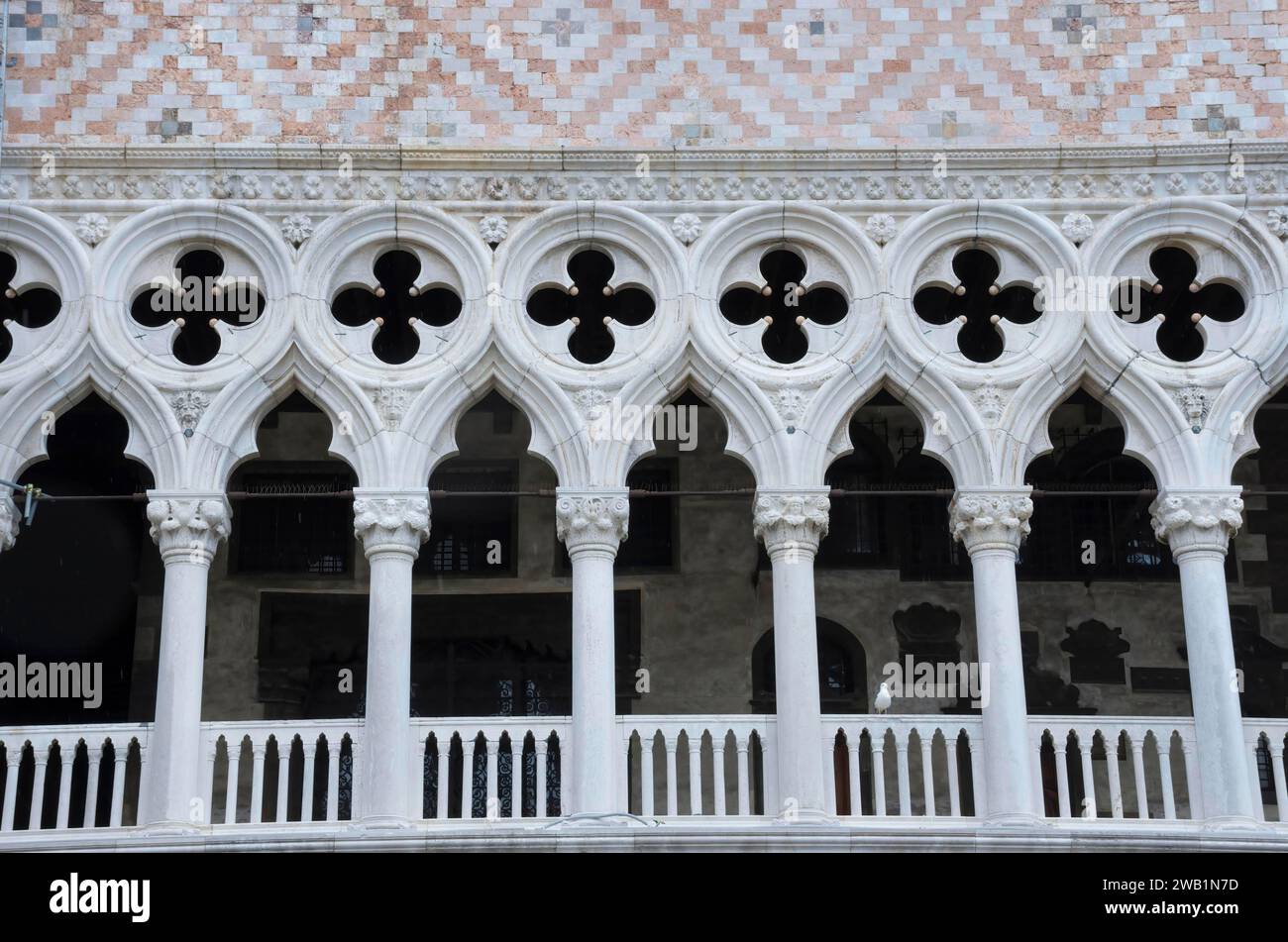 Detail of Doge's Palace (Palazzo Ducale) facade, famous tourist attraction in Venice, Italy, front view closeup Stock Photo