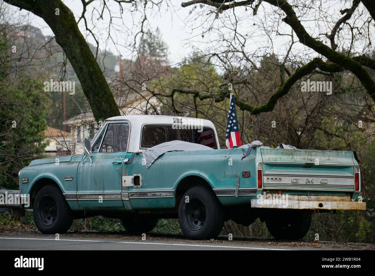 closeup on an old rusty gmc truck in napa and sonoma valleys, ca, usa in the winter Stock Photo