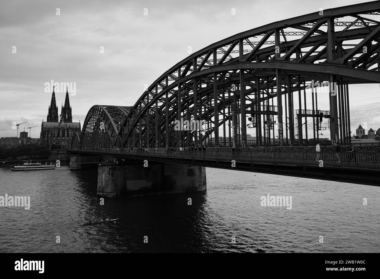 View over the Rhine with cathedral and bridge, black and white, Cologne, Germany Stock Photo