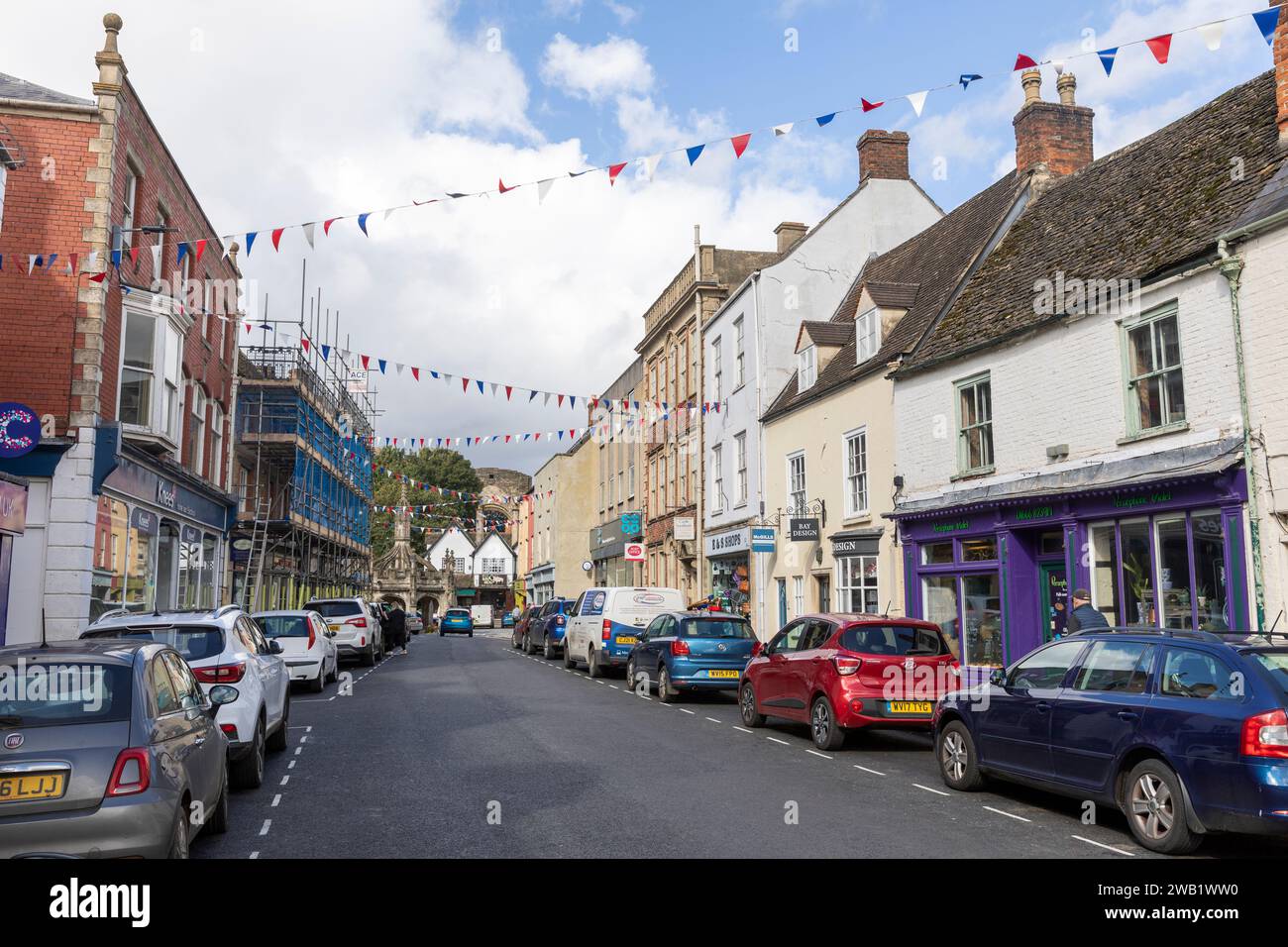 Malmesbury Wiltshire, view of the town centre along High street, with street bunting flying,England,UK,2023 Stock Photo