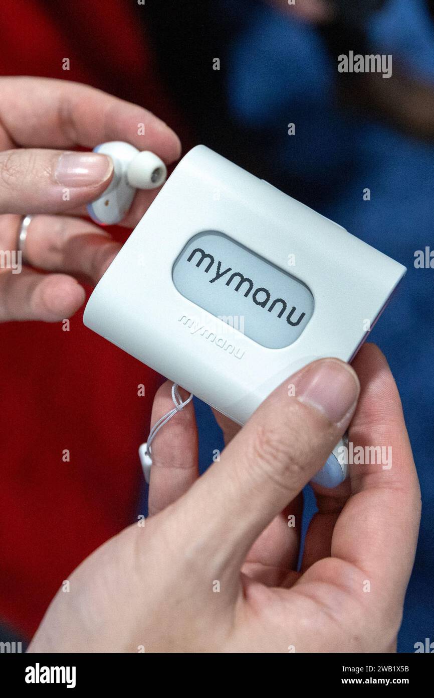 Las Vegas, USA. 07th Jan, 2025. The Clik Pro translation earbuds by Mymanu are being