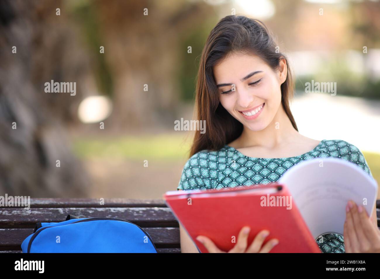 Happy student sitting in a park studying alone Stock Photo