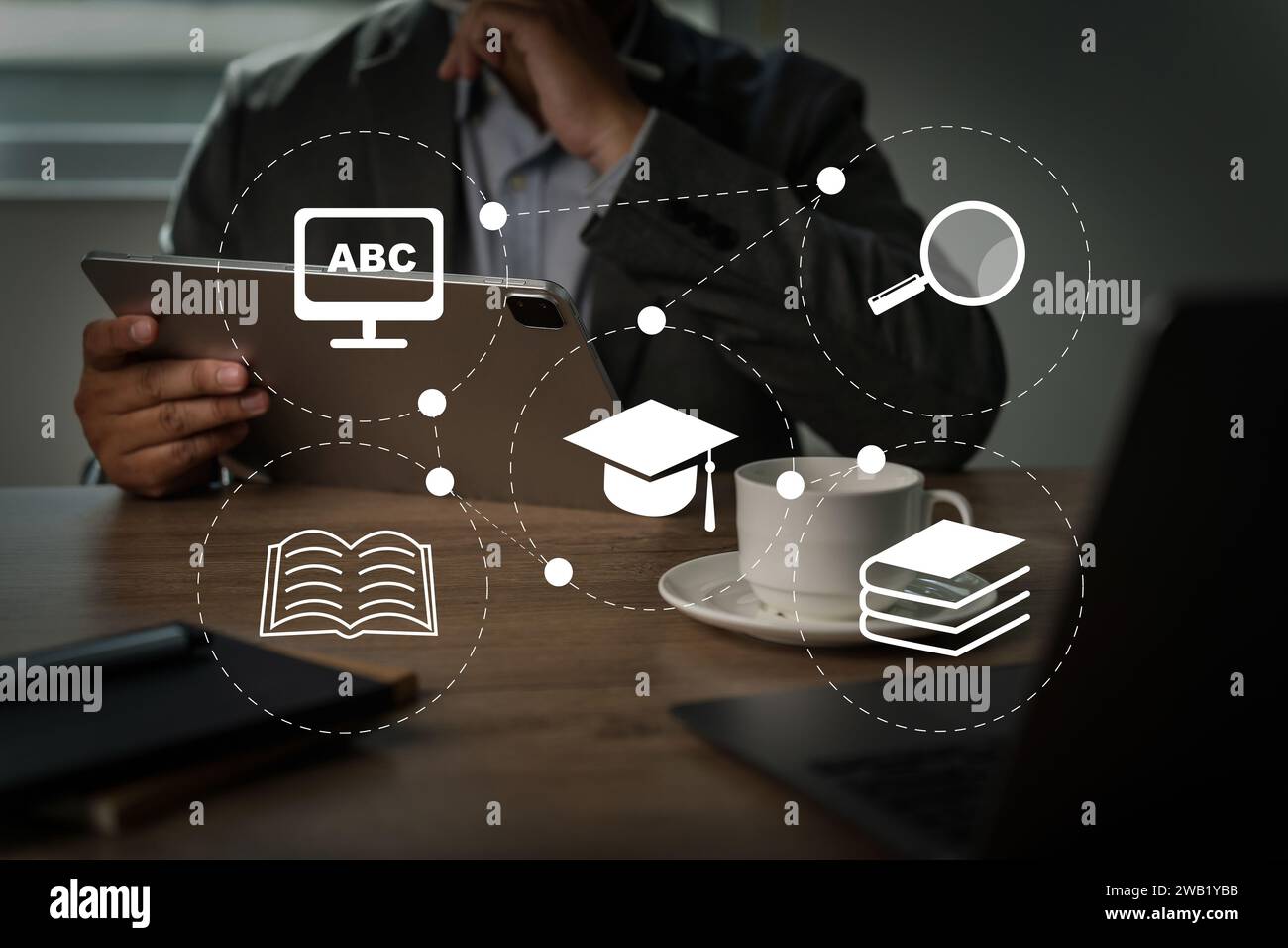 E-learning to graduation student training education course on laptop, online internet lessons, and online webinar Stock Photo