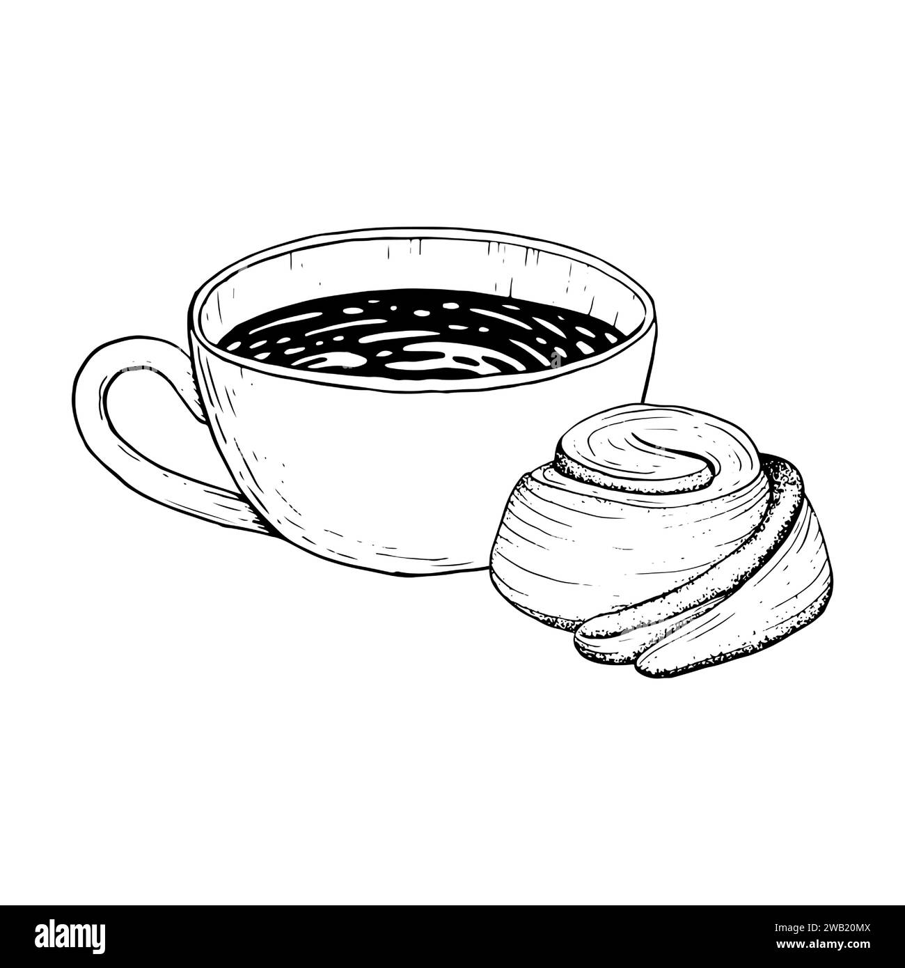 Coffee cup with cappuccino and cinnamon roll bun vector graphic ink illustration sketch for menus, invitations Stock Vector