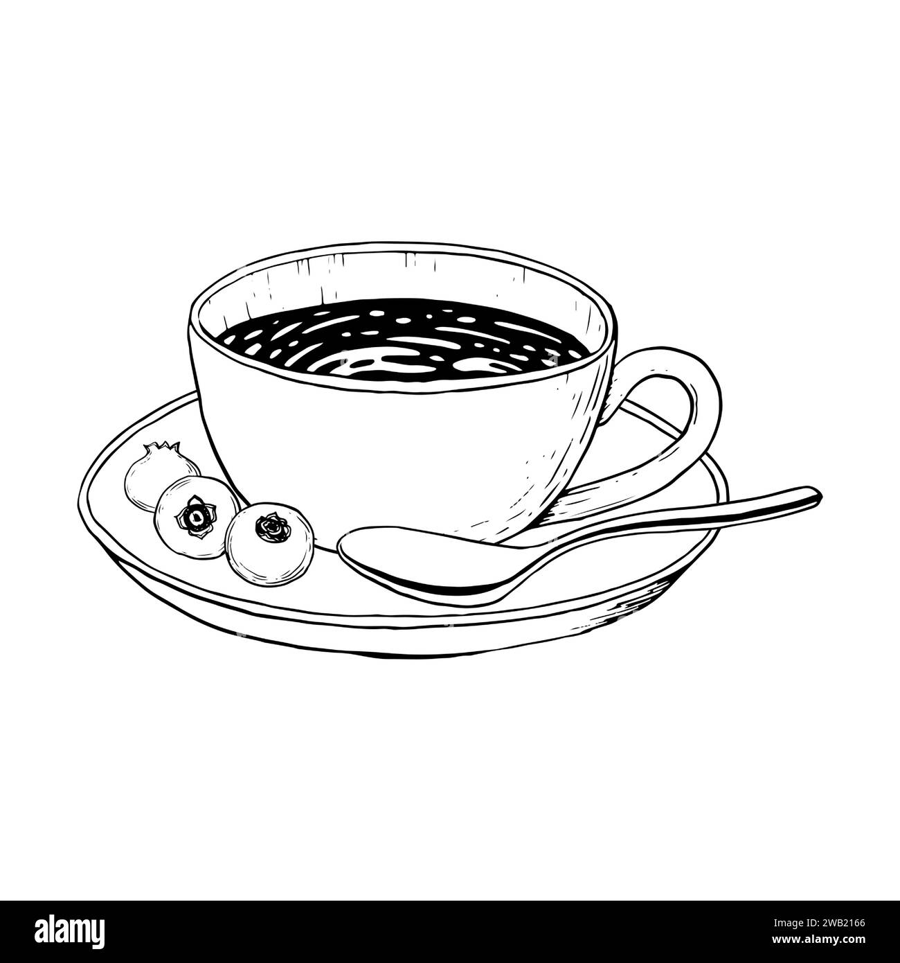 Coffee mug with cappuccino, spoon and blueberries vector black and white illustration for menus, invitations and logos Stock Vector
