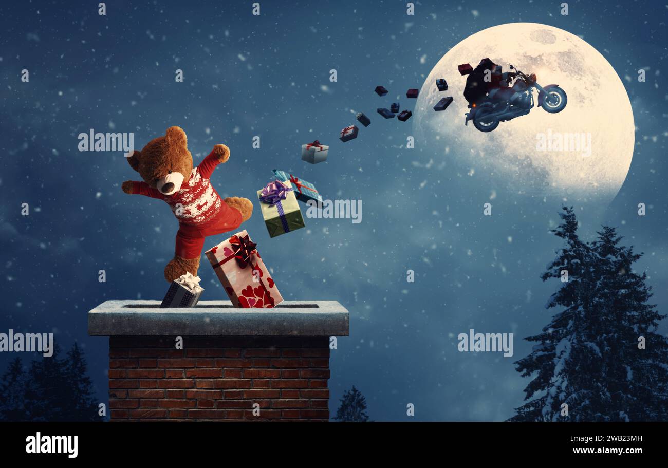 Unconventional Santa Claus riding a motorbike and flying in the night