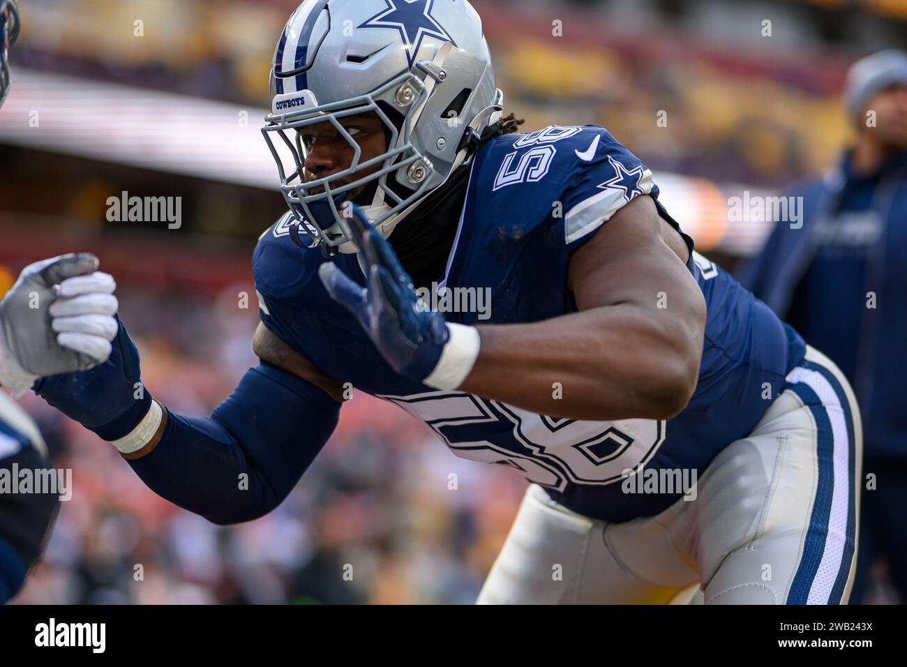 Landover, MD, USA. 07th Jan, 2024. Dallas Cowboys defensive tackle Mazi Smith (58) warms up before the NFL game between the Dallas Cowboys and the Washington Commanders in Landover, MD. Reggie Hildred/CSM/Alamy Live News Stock Photo