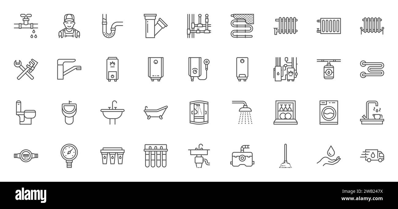 Plumbing line icon set. Plunger, dishwasher, pipeline, bathtub, faucet ...