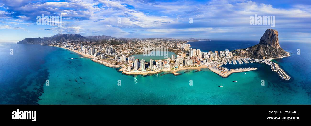 Costa Blanca, Spain. Aerial drone panoramic view of coastal city Calpe with great beaches. Alicante province Stock Photo