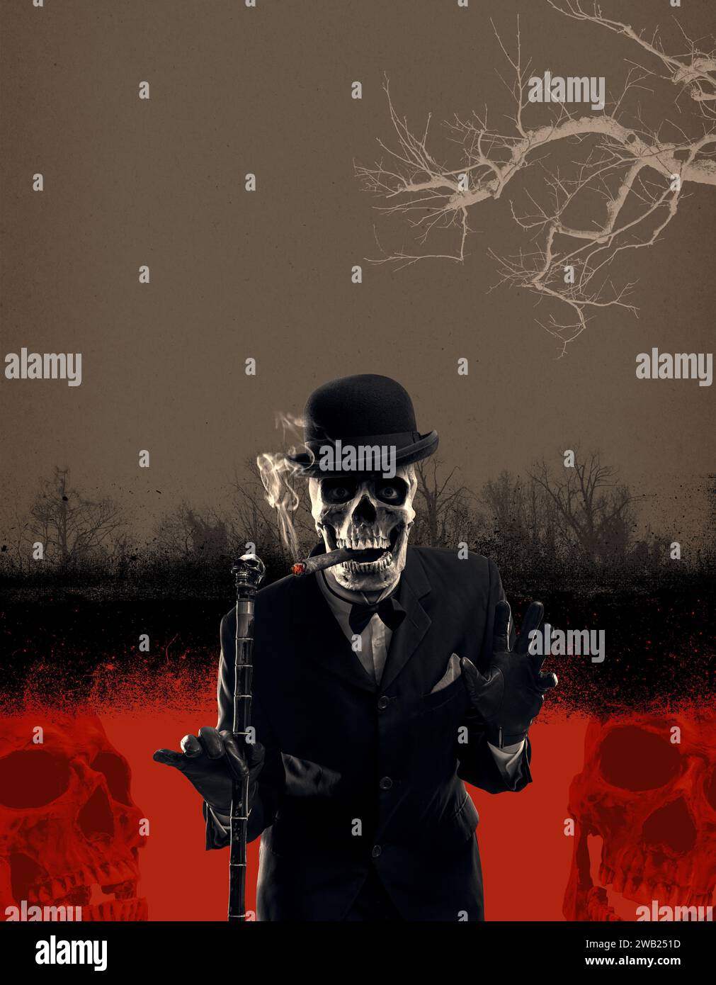 Scary horror skeleton character smoking and looking at camera, poster with copy space Stock Photo