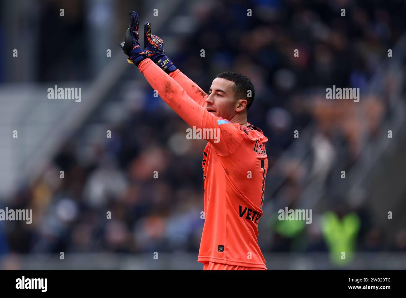 Lorenzo Montipo of Hellas Verona Fc gestures during the Serie A match beetween Fc Internazionale and Hellas Verona at Stadio Giuseppe Meazza on January 6, 2024 in Milan  Italy . Stock Photo