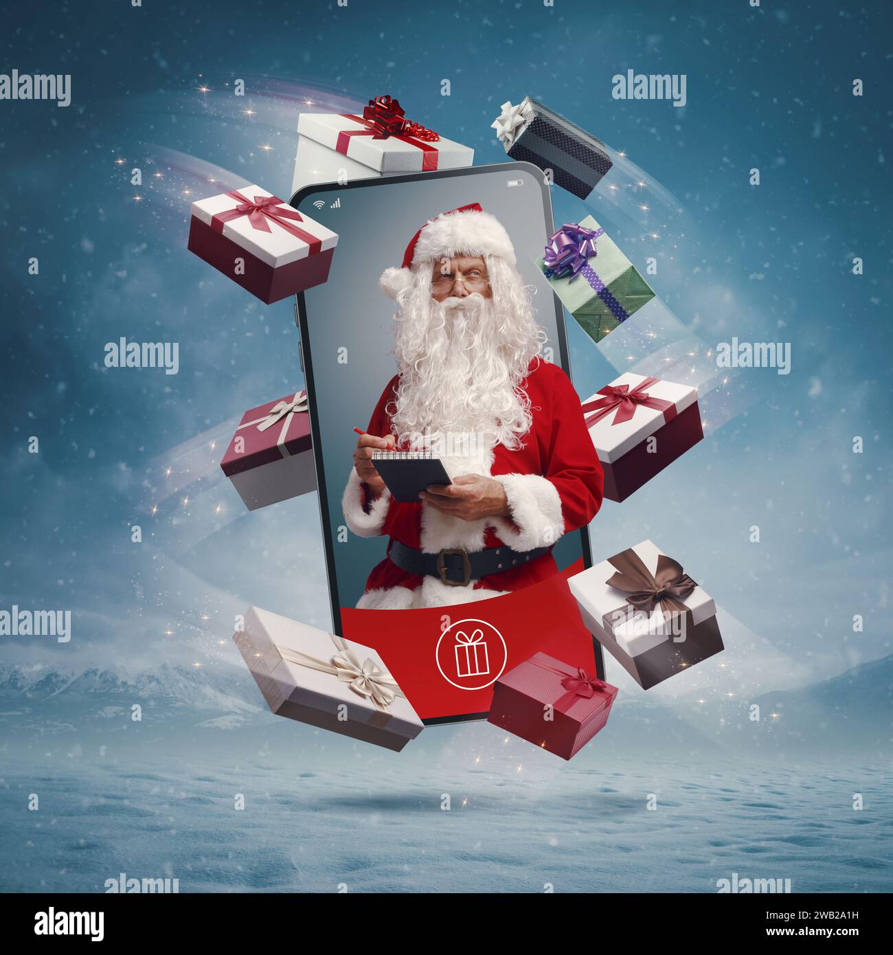 Santa Claus in a smartphone screen and Christmas gifts, online shopping ...