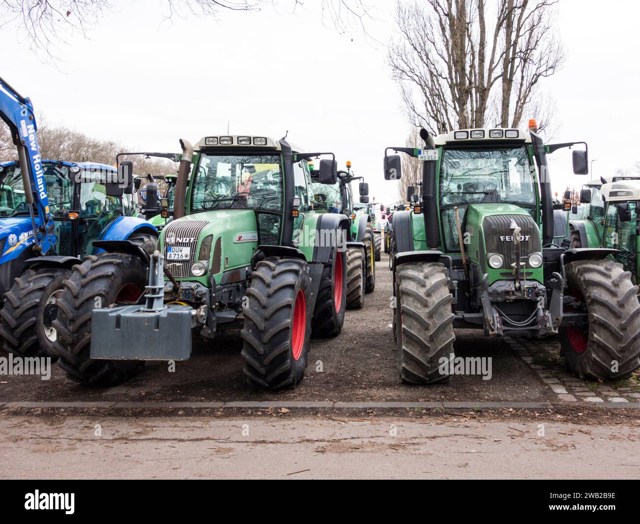 Farmer protests in Ludwigshafen/Germany: Agricultural producers protest against reform plans by the center-left government of Olaf Scholz (8 January 2024). The plans to cut tax benefits on diesel and agricultural machines has led to an outcry and unprecedented protest, with large tractor convoys forming in major cities. Stock Photo