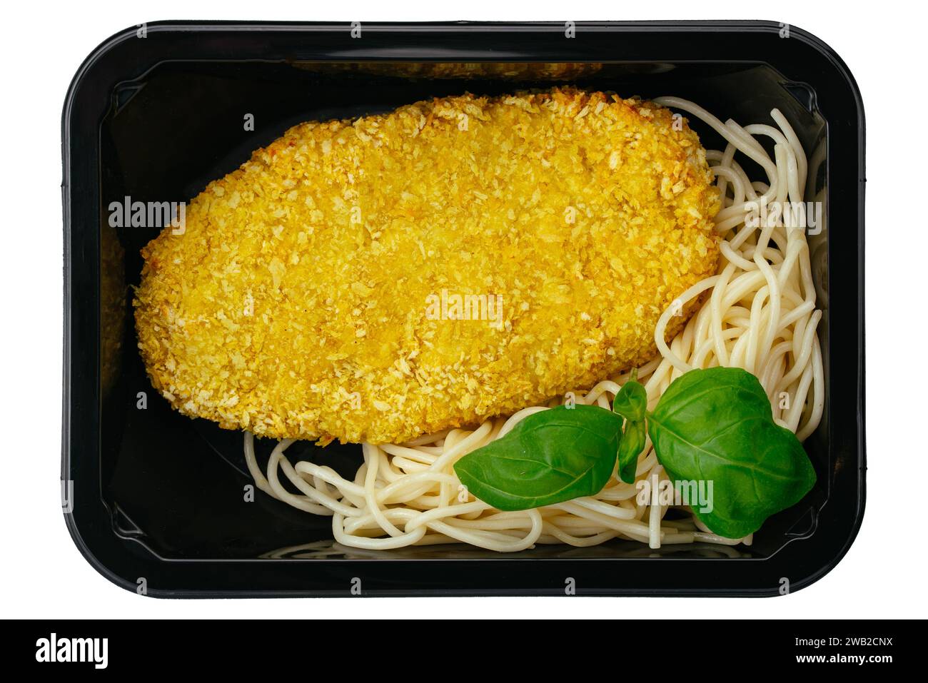 chicken schnitzel with side dish in a lunch box on a white background