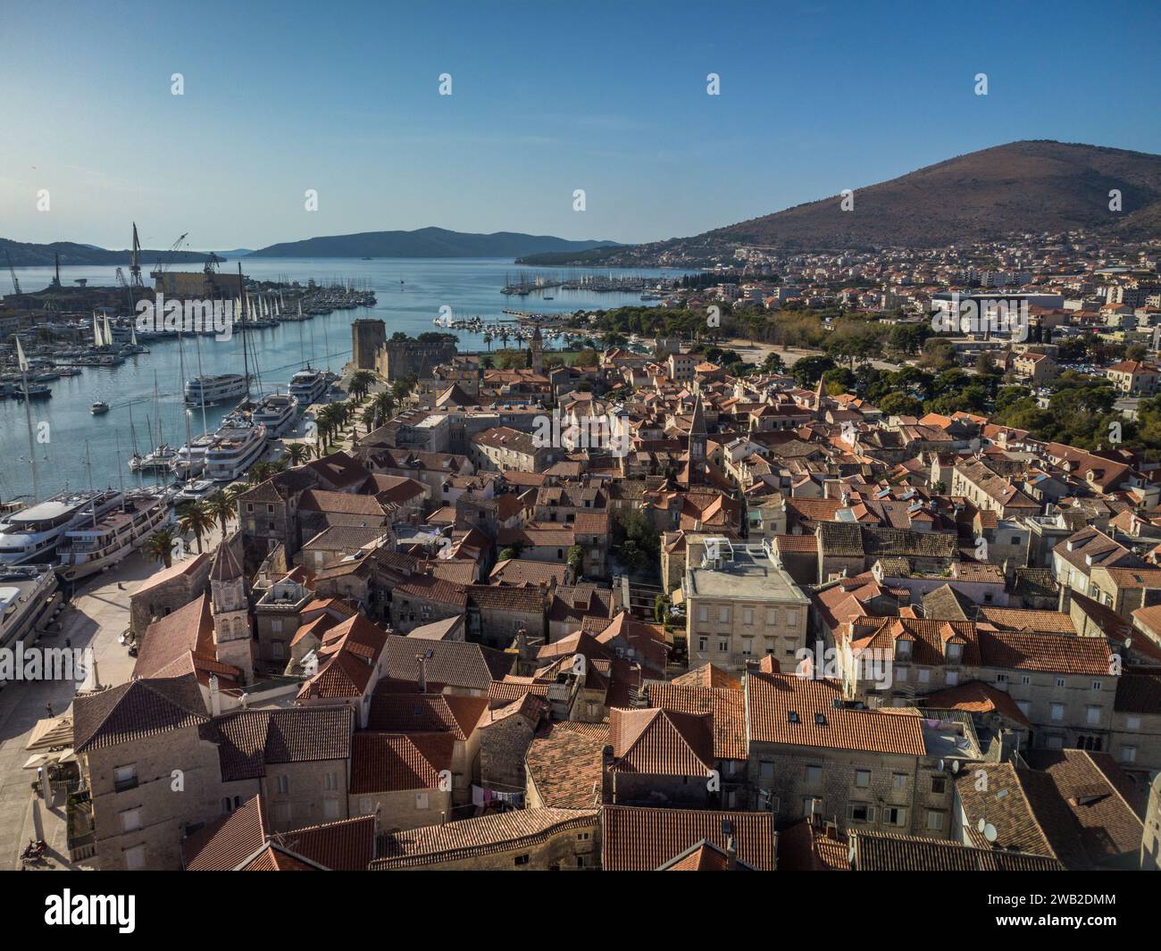 Aerial view of rooftops of Trogir old town and harbor Stock Photo