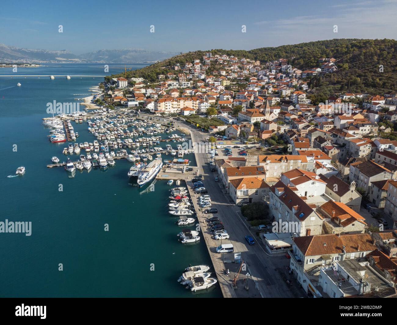 Trogir harbor and town on a sunny day from an aerial view Stock Photo