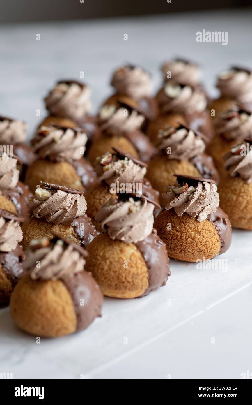 Chocolate Hazelnut Eclair Choux with chocolate frosting Stock Photo
