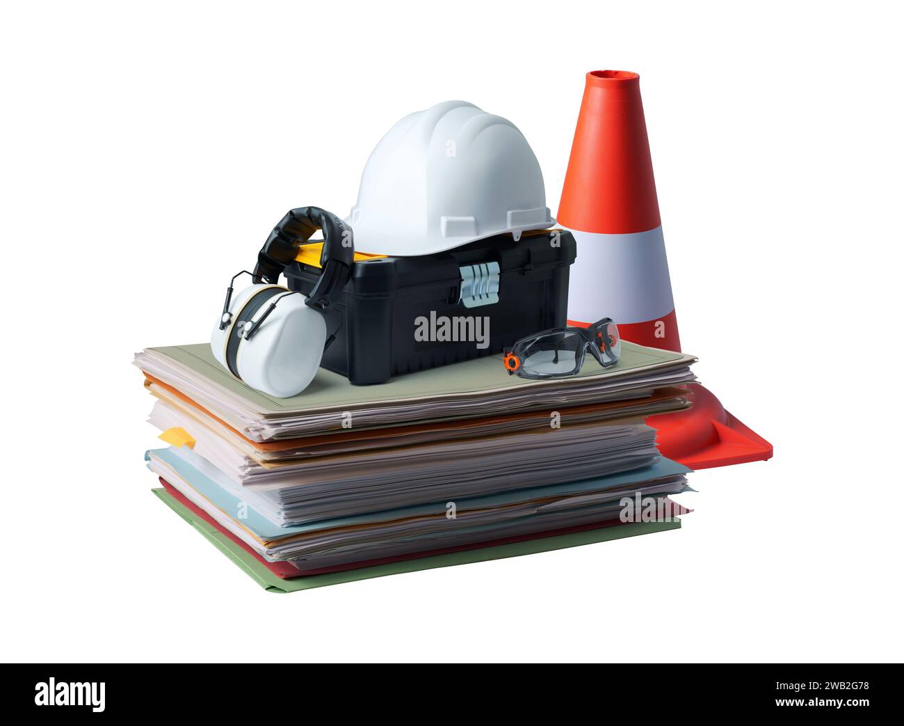 Pile of paperwork, safety equipment and work tools construction and