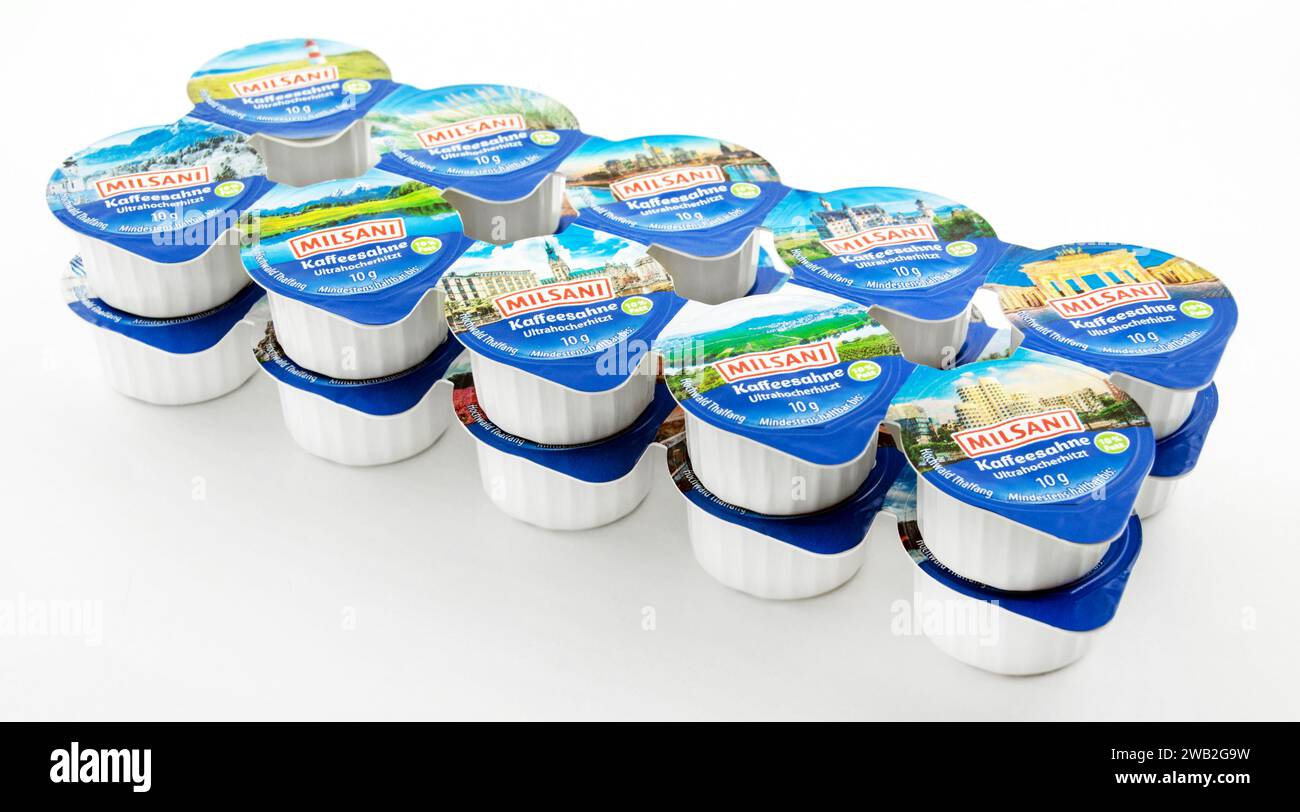Hamburg, Germany -  December 15  2023: Kaffeesahne  Milsani 10 g Portionen Stock Photo