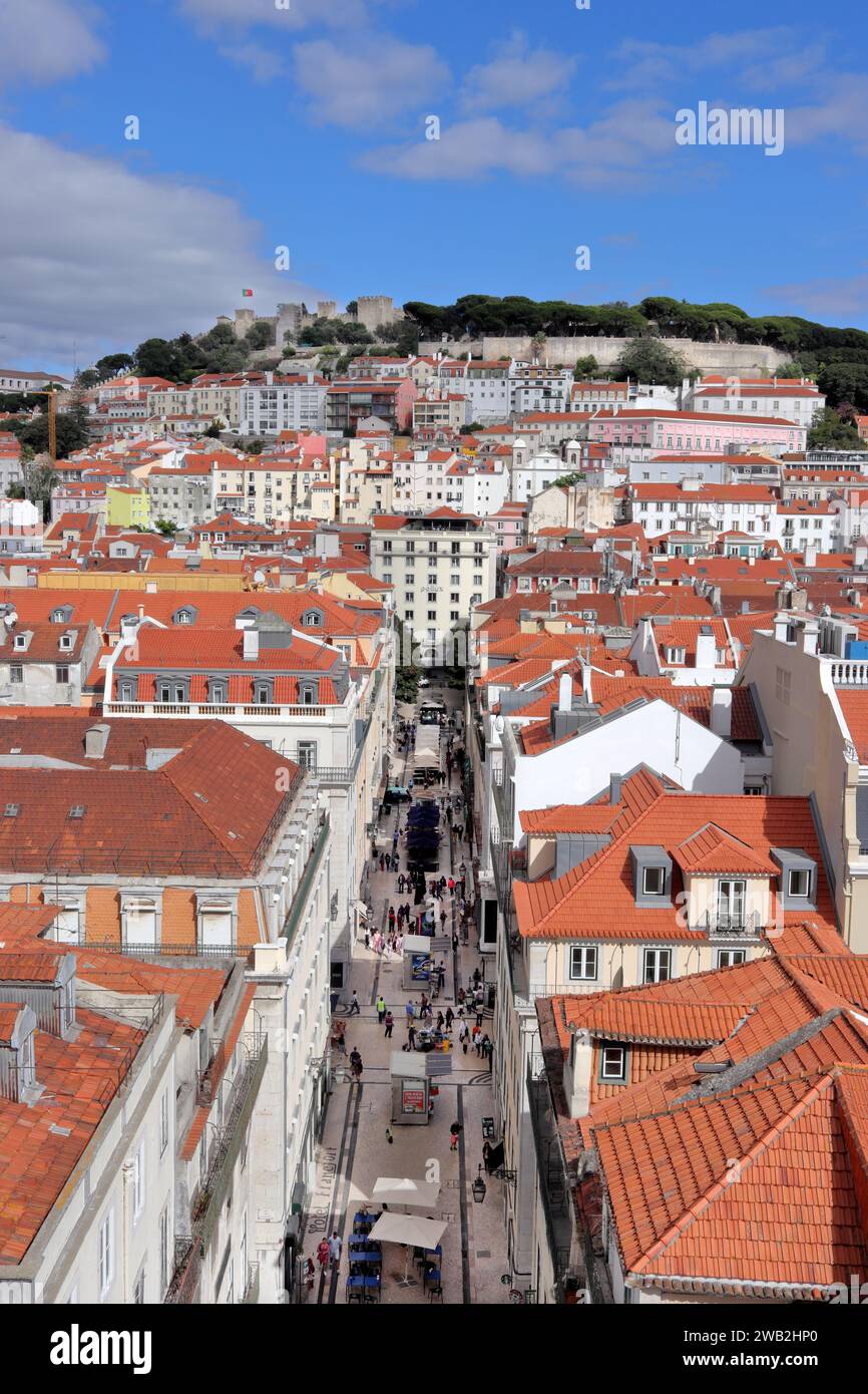 Santa Justa street (Rua de Santa Justa), view from above with Saint George's Castle in the background Stock Photo