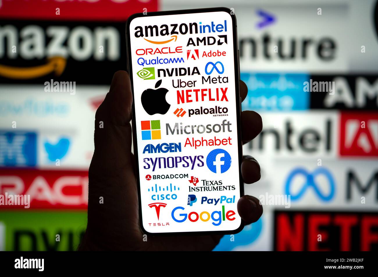 US Tech Giants like Google Amazon Meta Apple Microsoft displayed on smartphone Stock Photo