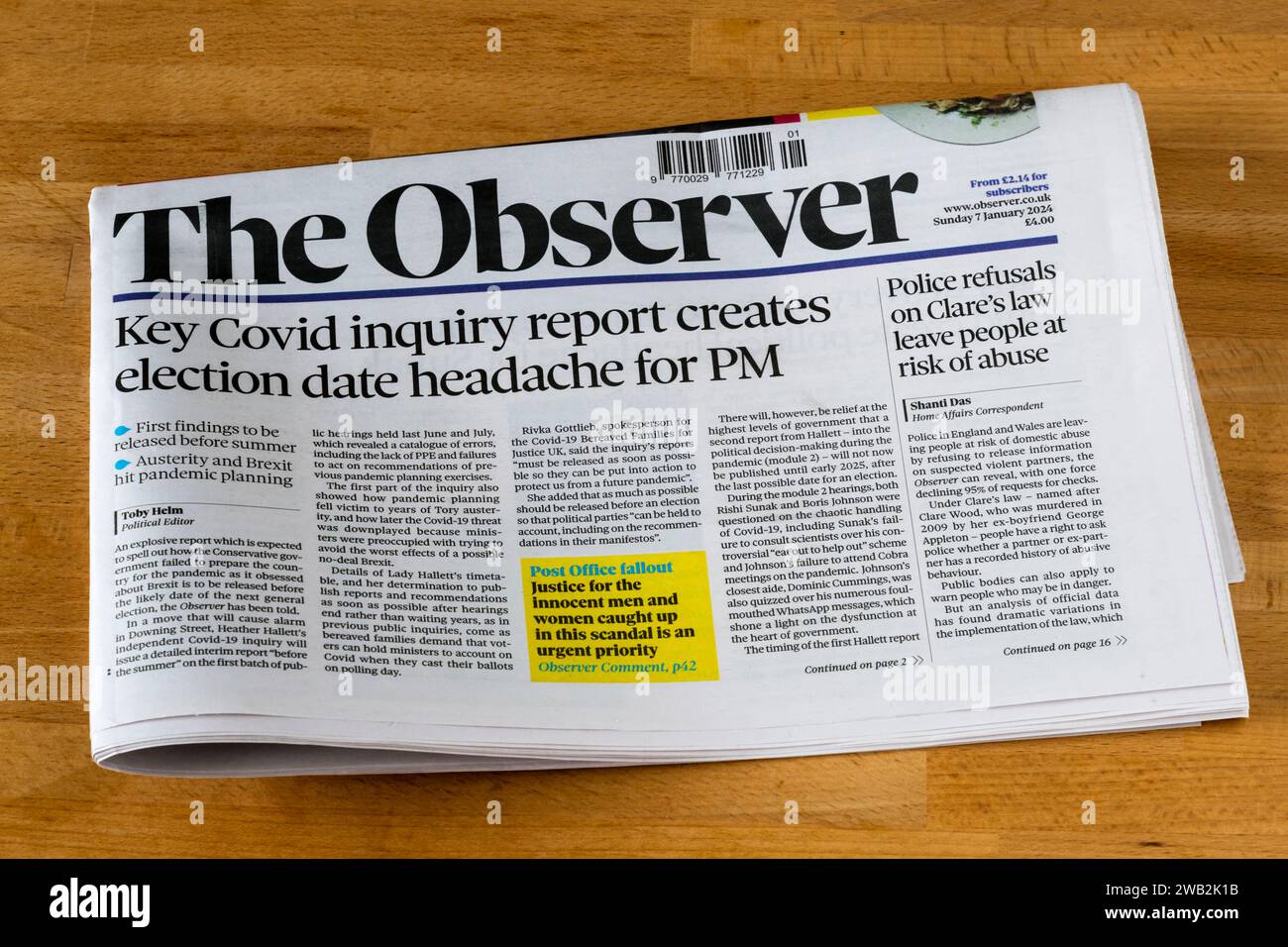 7 January 2024. Headline in The Observer reads Key Covid inquiry report creates election date headache for PM. Stock Photo