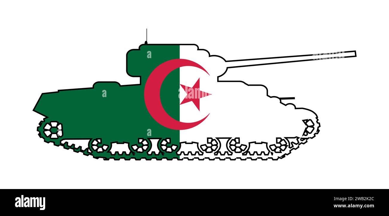 An outline silhouette of typical battle tank showing the Algerian flag icons and colors isolated over a white background Stock Vector