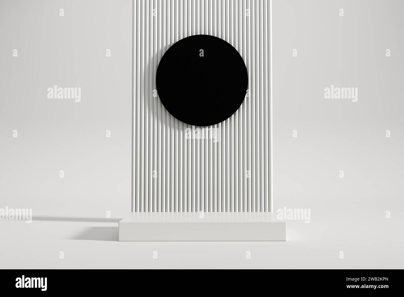 Minimalistic rectangle white platform or podium with black circle and pipes background. Mock up template for advertising goods and products. 3D render Stock Photo