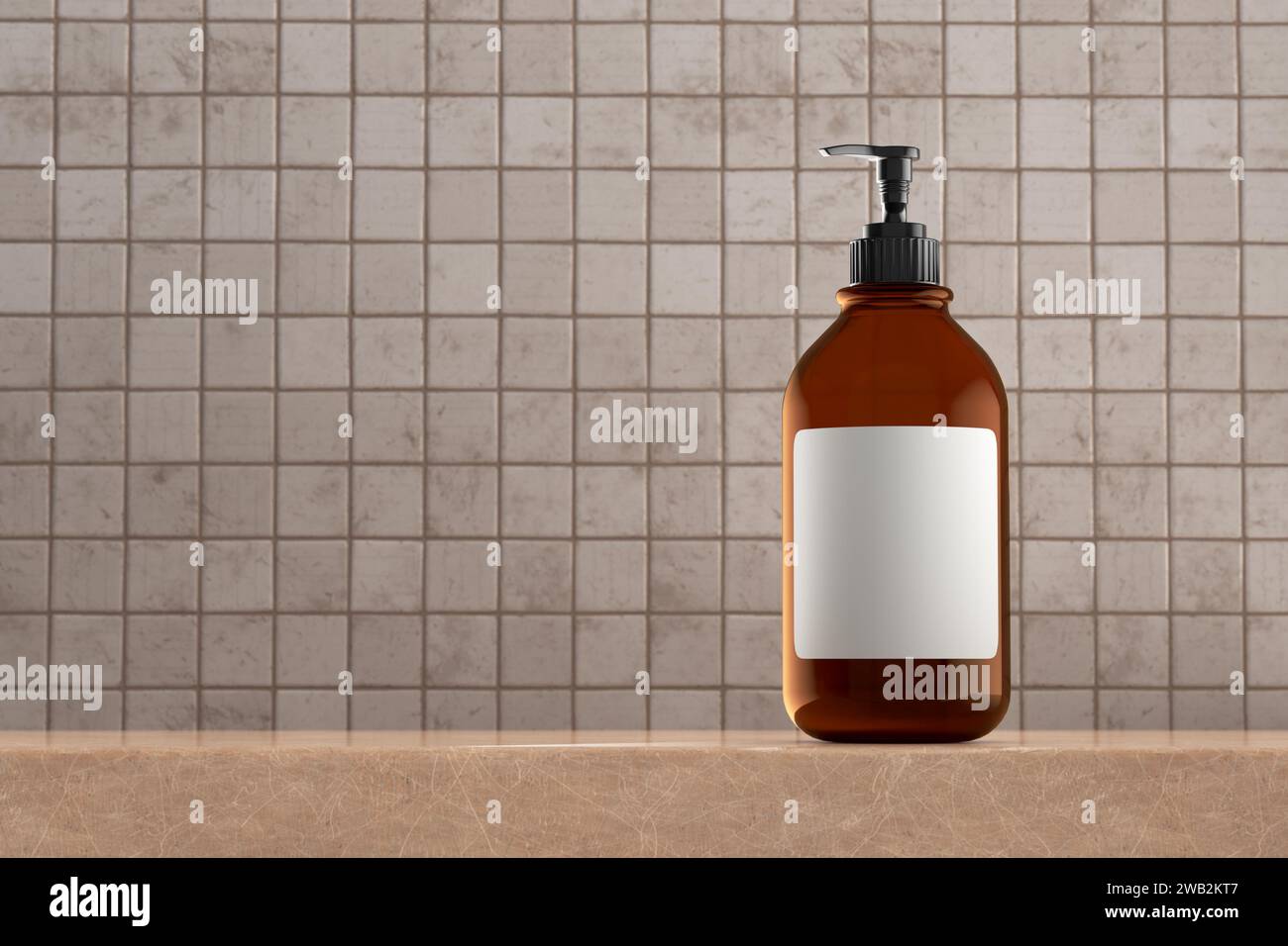 Amber colored liquid soap bottle on a marble bathroom counter. Abstract natural, organic mock up for product advertisement, spa, body care, relaxation Stock Photo