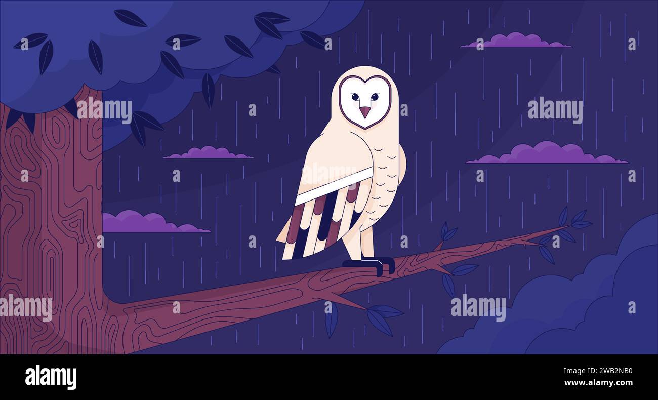 Owl sitting on tree branch in night rainy lofi wallpaper Stock Vector